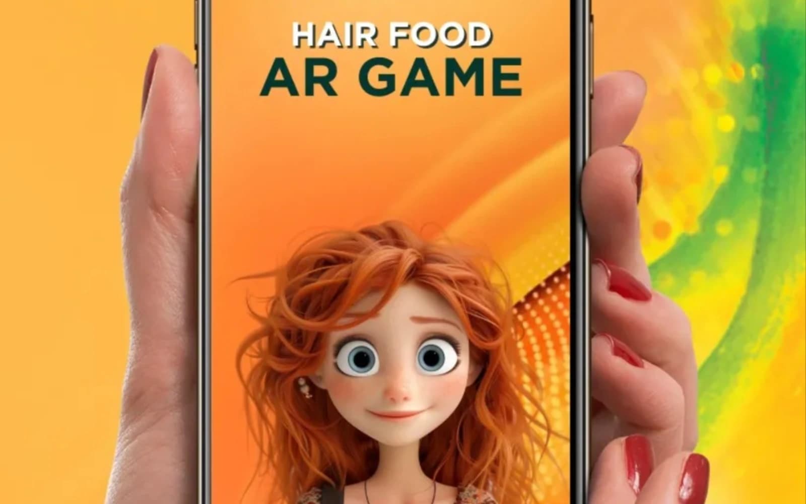 Two hands holding a smartphone running the Garnier Fructis Hair Food AR game, with an animated character on screen against an orange background.