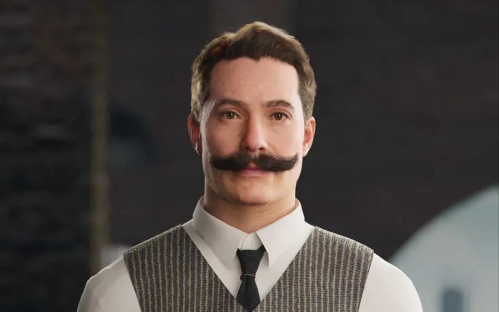 A photorealistic digital human of Václav Laurin, Škoda's co-founder, with a handlebar moustache, wearing a striped waistcoat, white shirt and dark tie.